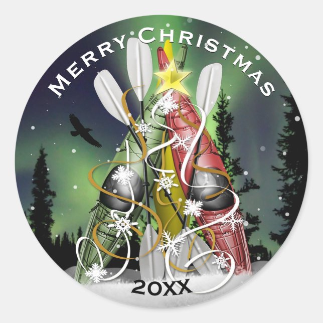 Kayak Christmas Tree under the Aurora Borealis Classic Round Sticker (Front)