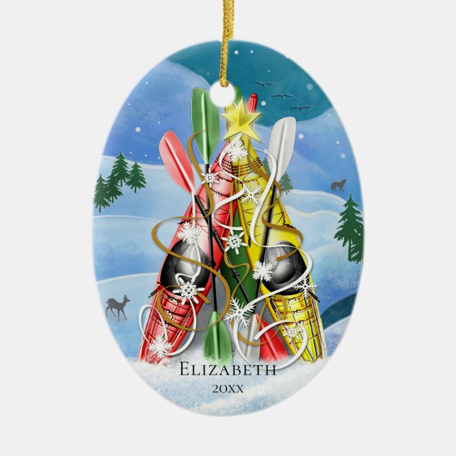 Kayak Christmas Tree Wonders of Nature Ceramic Ornament (Front)