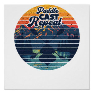 Kayak Fishing Paddle Retro Sunset Poster