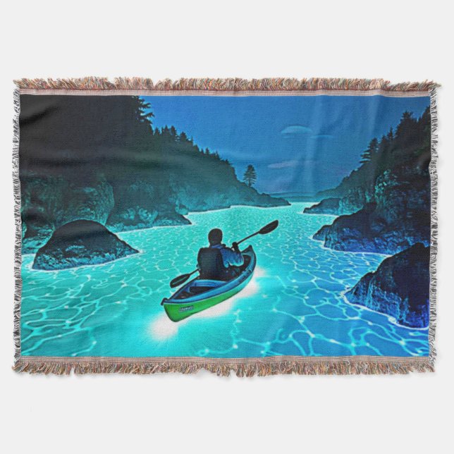 Kayak in Glowing Water Design Throw Blanket (Front)