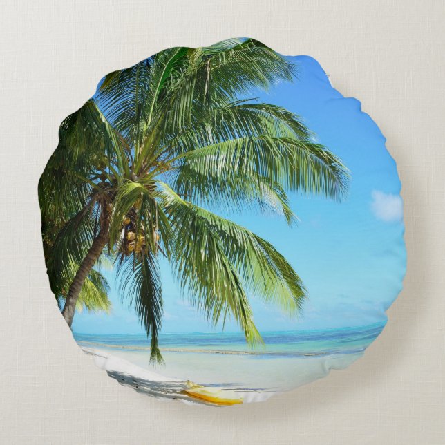 Kayak jaune sur un coussin rond de plage blanche (Dos)