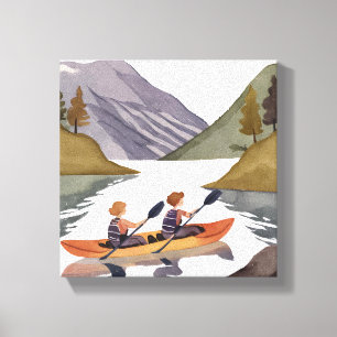 Kayak Ride on Lake Mountain Nature Watercolor Canvas Print