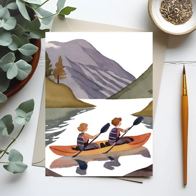 Kayak Ride on Lake | Mountain Nature Watercolor Postcard (Creator Uploaded)