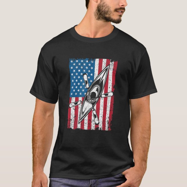 Kayak USA Flag Funny American Canoe Kayaking Patri T-Shirt (Front)