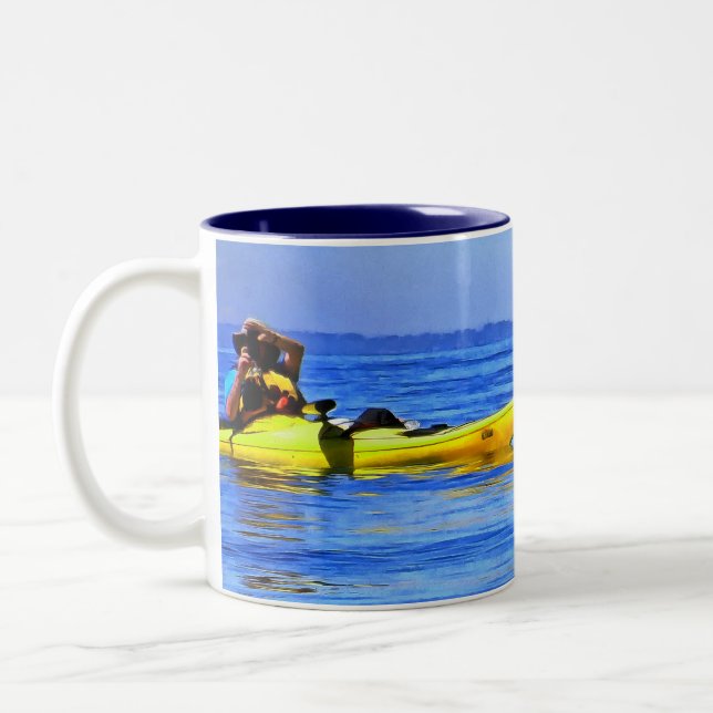 Kayaker and Tufted Puffin in the Pacific Northwest Two-Tone Coffee Mug (Left)