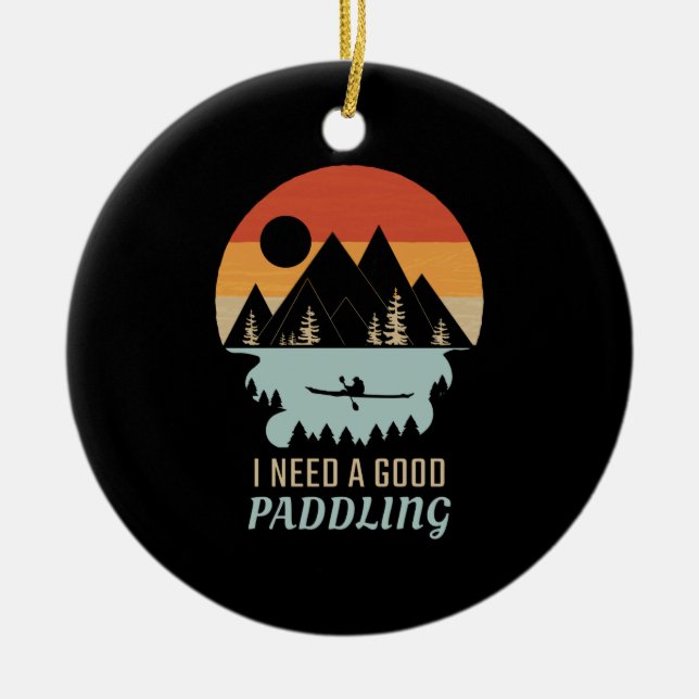 Kayaking Mountains Retro Ceramic Ornament (Front)