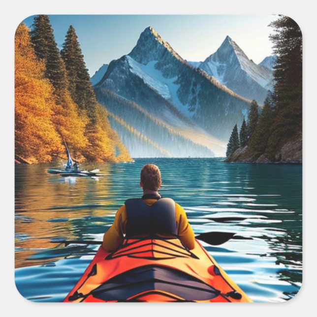 Kayaking on the Water through Mountains and Trees Square Sticker (Front)
