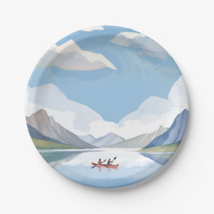 Kayaking the Lake   Nature Mountains Watercolor Paper Plate