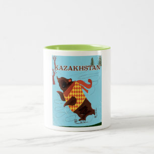 kazakhstan cartoon vintage travel poster Two-Tone coffee mug