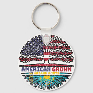 Kazakhstan Kazakh American USA Tree Roots Flag Keychain