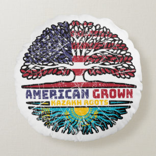 Kazakhstan Kazakh American USA Tree Roots Flag Round Pillow
