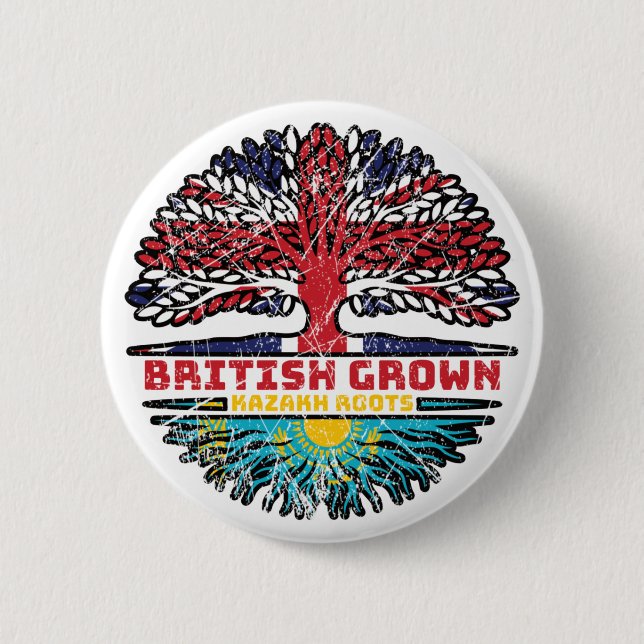 Kazakhstan Kazakh British UK Tree Roots Flag 2 Inch Round Button (Front)
