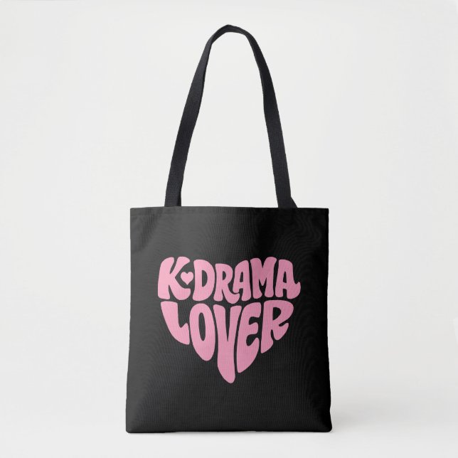 Kdrama Lover Pink Heart Typography Simple Black Tote Bag (Front)