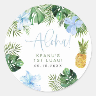 KEANU Tropical Blue Hibiscus Luau 1st Birthday Classic Round Sticker