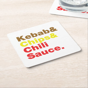Kebab & Chips & Chili Sauce. Square Paper Coaster