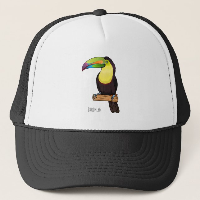 Keel-billed toucan bird cartoon illustration  trucker hat (Front)