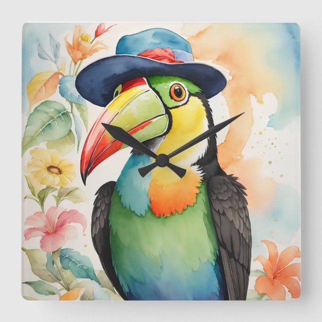 Keel-billed Toucan in Fedora Hat Square Wall Clock (Front)