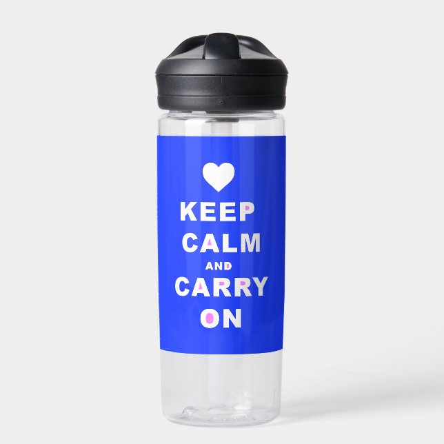 KEEP CALM AN CARRY ON Blue Water Bottle (Front)