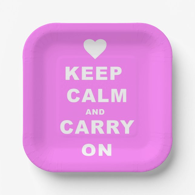KEEP CALM AN CARRY ON Pink Paper Plate (Front)