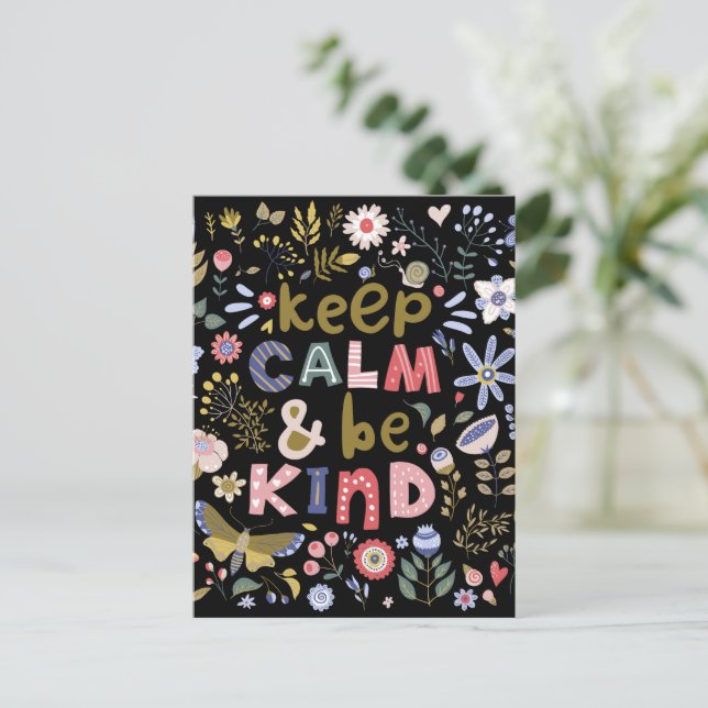 Keep Calm And Be Kind Folk Art Flowers Postcard (Standing Front)