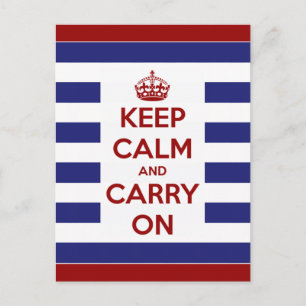 Keep Calm and Carry On Blue and White Stripe Postcard