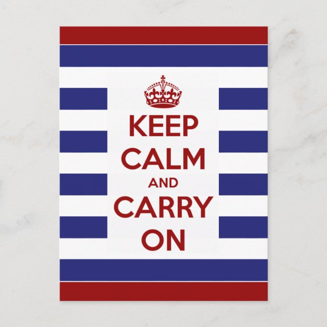 Keep Calm and Carry On Blue and White Stripe Postcard (Front)