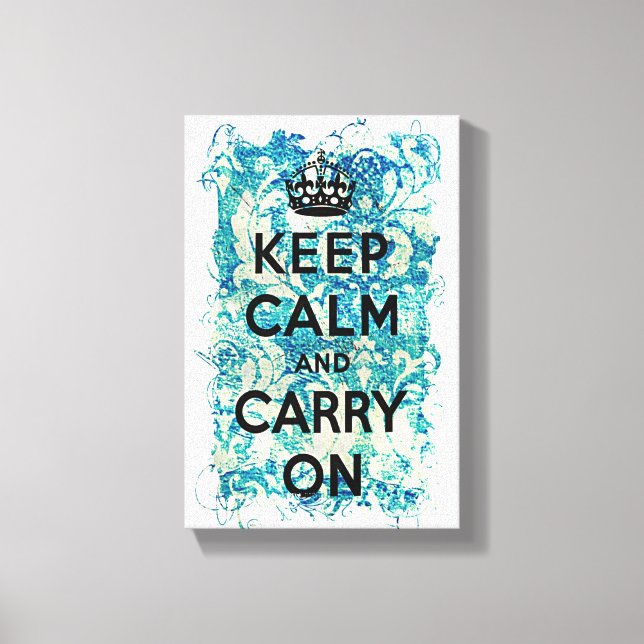 Keep Calm and Carry On Blue Wallpaper Damask Canvas Print (Front)