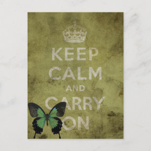 Keep Calm and Carry On Green Grunge With Butterfly Postcard