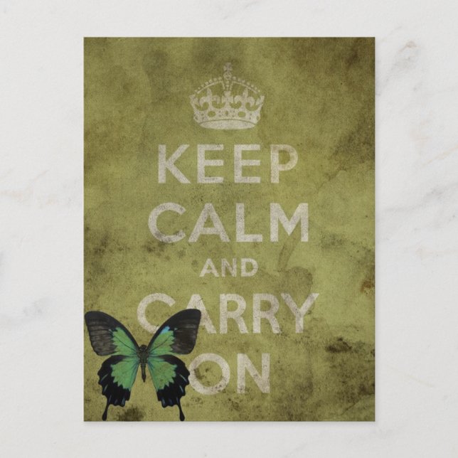 Keep Calm and Carry On Green Grunge With Butterfly Postcard (Front)