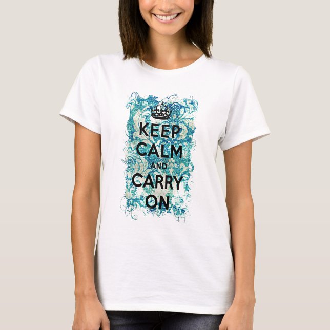 Keep Calm and Carry On Grunge Wallpaper Damask T-Shirt (Front)