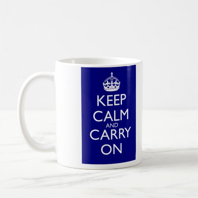 Keep Calm And Carry On: Navy Blue Coffee Mug (Left)