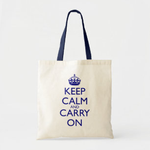 Keep Calm and Carry On Navy Blue Text Tote Bag