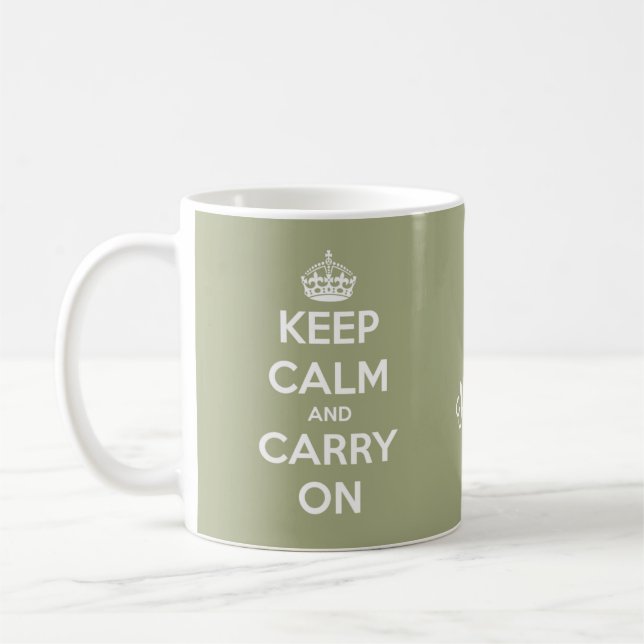 Keep Calm and Carry On Sage Green Personalized Coffee Mug (Left)