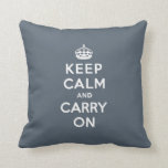 Keep Calm and Carry On Slate Grey with White Text Throw Pillow<br><div class="desc">The ubiquitous phrase,  keep calm and carry on,  is presented here with a cool slate grey. The text and royal crown are in simple white,  which really pops against the grey background.</div>