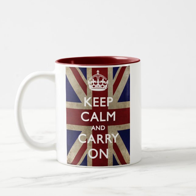 Keep Calm and Carry On with the Union Jack Two-Tone Coffee Mug (Left)