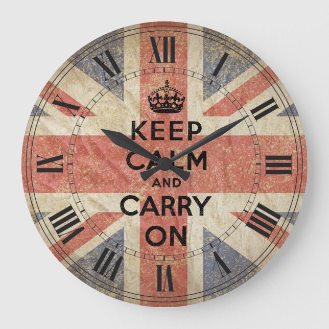 Keep Calm and Carry On with UK  Flag Large Clock (Front)