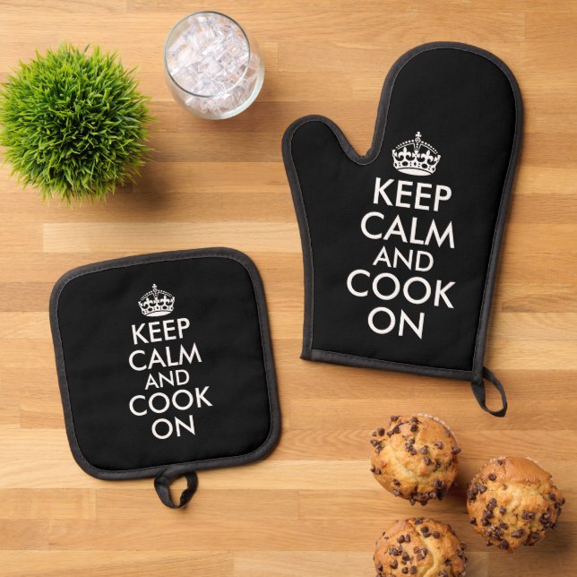 Keep calm and cook on funny black oven mitt & pot holder set (Top Down)