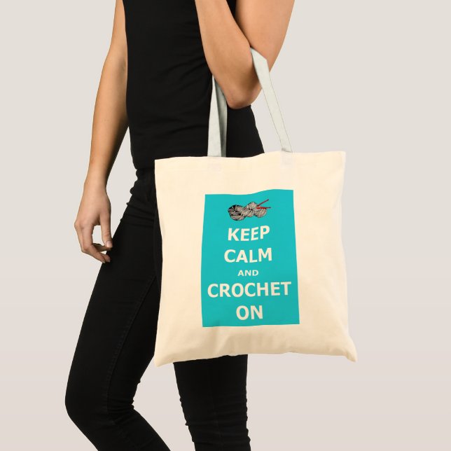 Keep calm and crochet on, blue background tote bag (Front (Product))