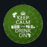 Keep Calm and Drink On (irish st patricks) Dartboard<br><div class="desc">This reads Keep Calm and Drink On, in the style of the classic keep calm poster. There is a line of drinks, from beer to champagne, in the centre of the design. And there are two shamrocks, giving the whole thing a perfect irish feel for all your st patrick's day...</div>