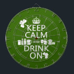Keep Calm and Drink On (irish st patricks) Dartboard<br><div class="desc">This reads Keep Calm and Drink On, in the style of the classic keep calm poster. There is a line of drinks, from beer to champagne, in the centre of the design. And there are two shamrocks, giving the whole thing a perfect irish feel for all your st patrick's day...</div>
