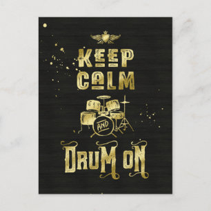Keep Calm and Drum On Gold Grunge Typography Postcard