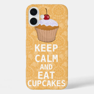 KEEP CALM AND Eat Cupcakes Coral Damask iPhone 16 Plus Case