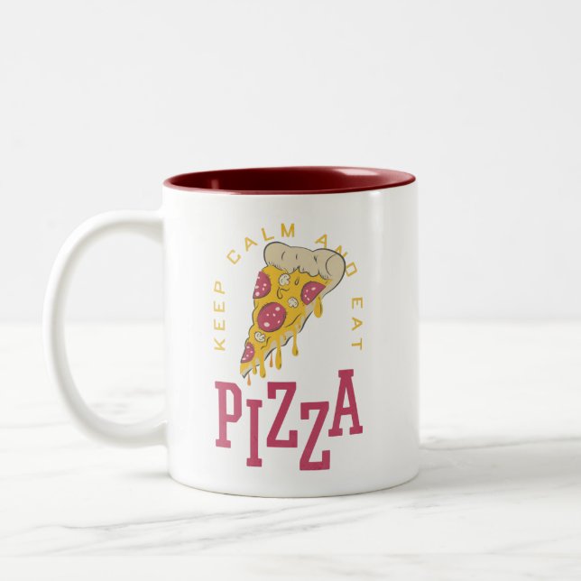 Keep Calm And Eat Pizza Funny Food Sayings Two-Tone Coffee Mug (Left)