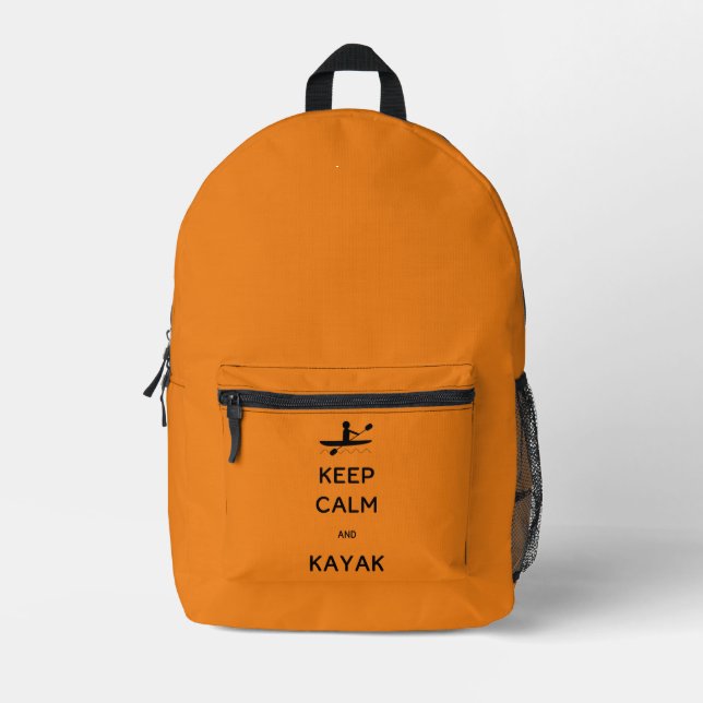 Keep Calm and Kayak Custom Name Orange Visible Printed Backpack (Front)