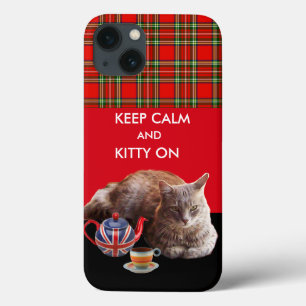 KEEP CALM AND KITTY ON ,RED TARTAN CAT TEA PARTY iPhone 13 CASE