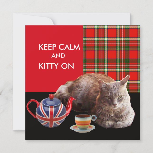 "KEEP CALM AND KITTY ON" ,RED TARTAN,CAT TEA PARTY INVITATION (Front)