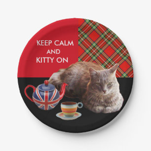 "KEEP CALM AND KITTY ON" ,RED TARTAN,CAT TEA PARTY PAPER PLATE