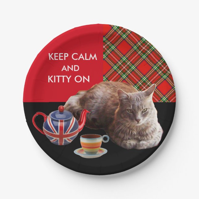 "KEEP CALM AND KITTY ON" ,RED TARTAN,CAT TEA PARTY PAPER PLATE (Front)