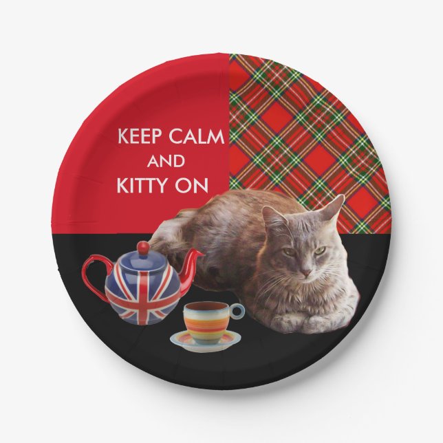 "KEEP CALM AND KITTY ON" ,RED TARTAN,CAT TEA PARTY PAPER PLATE (Front)