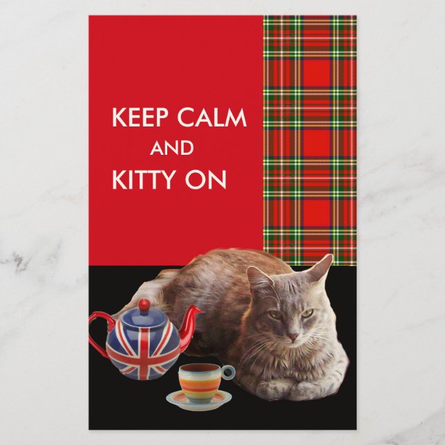 "KEEP CALM AND KITTY ON" ,RED TARTAN,CAT TEA PARTY STATIONERY (Front)